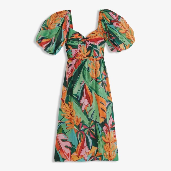 FARM Rio Banana Foliage Multicolor Puffed Sleeve Midi Dress XS NWT - Picture 3 of 16